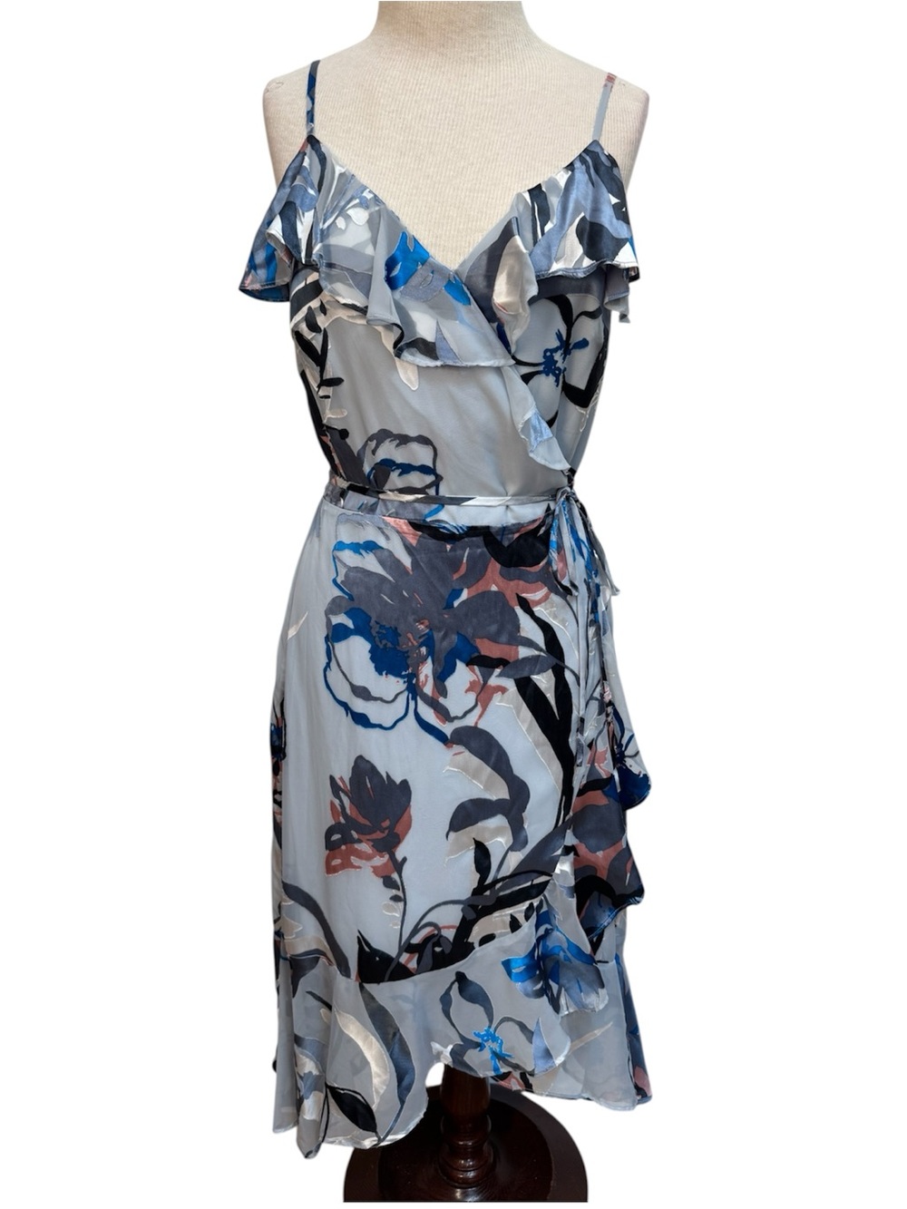 White House Black Market Floral Ruffle Burnout Midi Wrap Dress Women Size 6 NWT